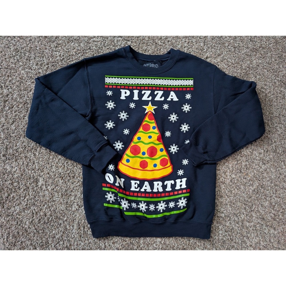 Pizza On Earth Christmas Sweater Sweatshirt Black Small Adult Hybrid - Picture 1 of 8